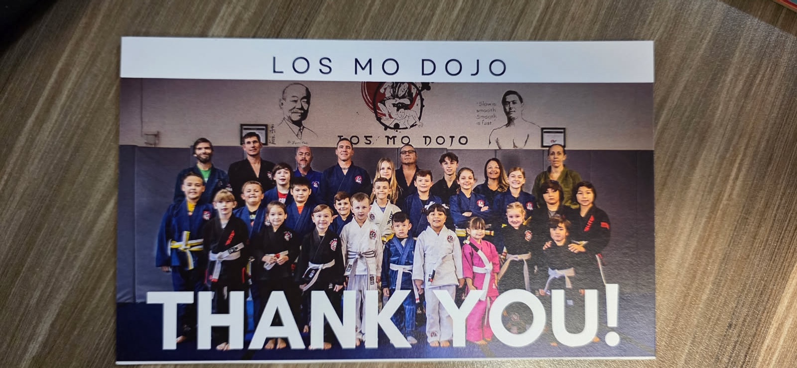 Los Mo Dojo thank-you card to Gallagher’s Plumbing, Heating & Air